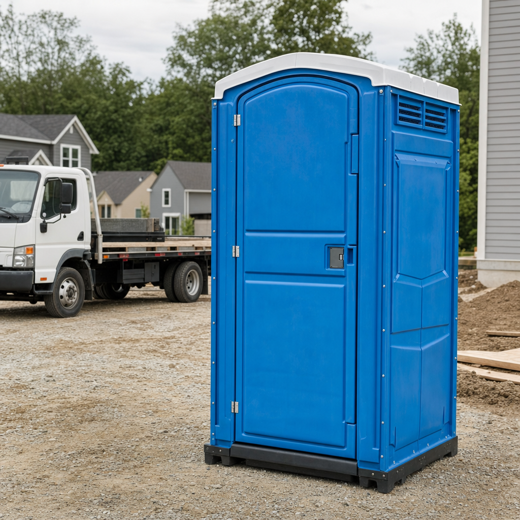Delivery driver positioning a clean royal-blue portable toilet on level ground at a Trenton worksite