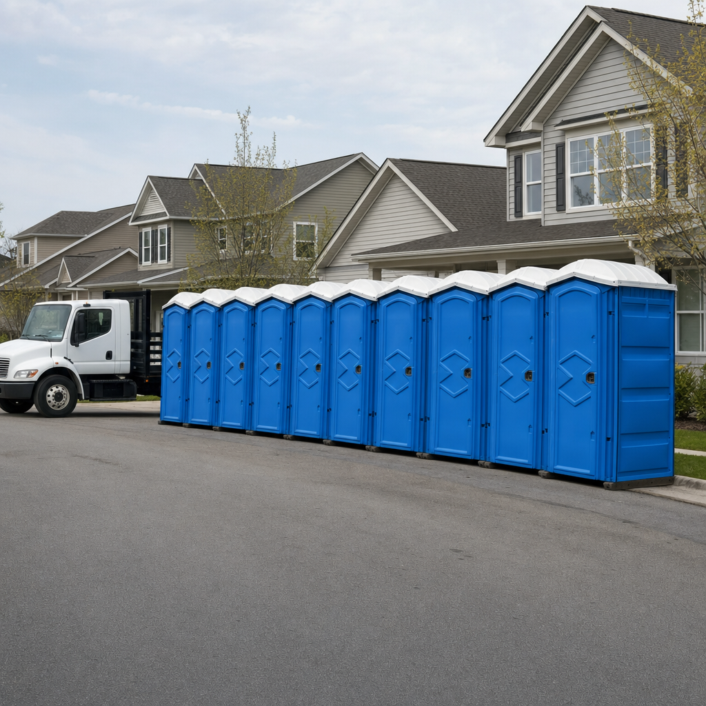 Royal blue portable toilets staged in a tidy row at a Trenton jobsite, ready for delivery